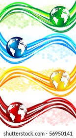 Vector set colorful wavy banners with globe; clip-art