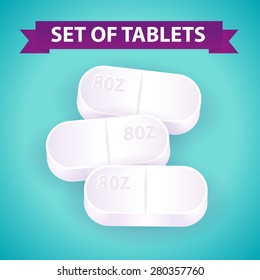 Vector set of colorful and white tablets and pills. 