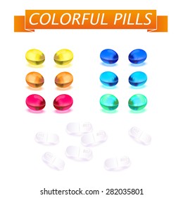 Vector set of colorful and white tablets and pills. 