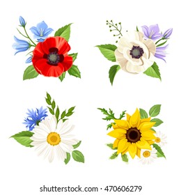 Vector set of colorful wild flowers: poppy, sunflower, harebell, daisy and cornflowers isolated on a white background.