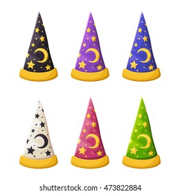 Vector set of colorful wizard's hats with stars isolated on a white background.