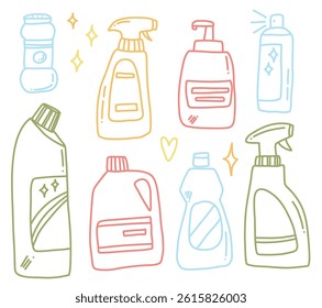 vector set with colorfull cleaning products. outline housekeeping illustration