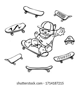 Vector set for coloring. The cat is a skateboarder. Different skateboards. Black and white illustration. Isolated on a white background.