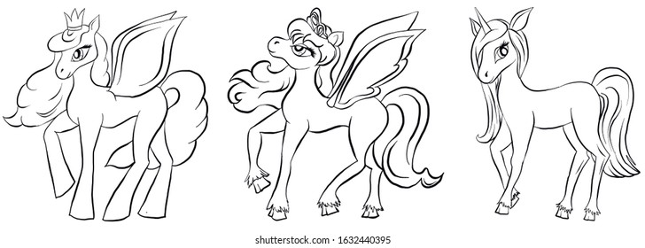 Vector set of coloring pony. Pegasus, unicorn and pony. Set for coloring book for children. Pony outlines set.