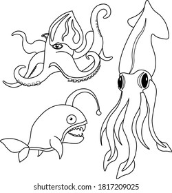 Vector set for coloring sea creatures octopus, squid and monkfish. Coloring book for adults and children.