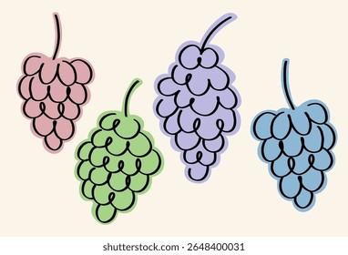 Vetor conjunto com esboço colorido Uvas. Ilustração desenhada à mão com cacho de bagas de videira. Comida, vinha, passas secas, comida saudável, deserto, fruta da colheita. Conceito para etiqueta, ícone, cartão, impressão de logotipo