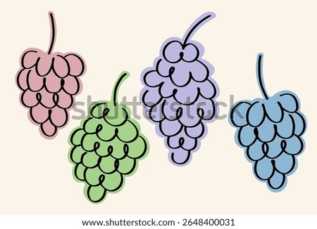 Vector set with coloured sketch Grapes. Hand drawn illustration with bunch of Grapevine berries. Food, vine, dry raisins, healthy food, desert, harvest fruit. Concept for label, icon, card, logo print