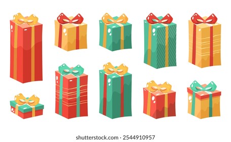 Conjunto de Vector de coloridas cajas de regalo en estilo plano, perfecto para Navidades o diseño de cumpleaños