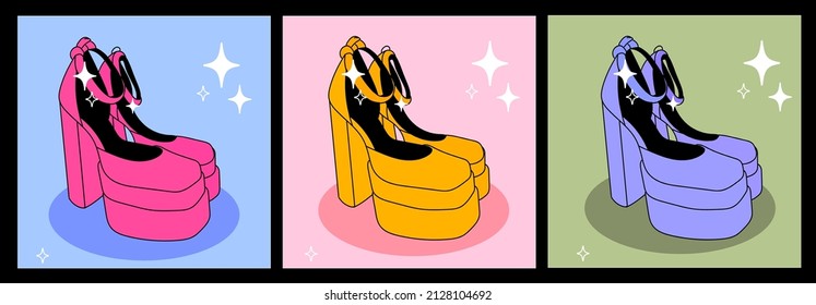 Vector set of colourful hand drawn isolated bratz doll shoes. Versace shoes. Clothes . Isolated drawing