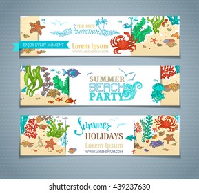 Vector set of colourful sea life horizontal banners. Various fish, starfish, crab, shell, jellyfish, seaweed, bottle with a letter and key on the bottom. There is place for your text on white paper.