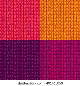 Vector set of colourful stockinette stitch textures. Seamless bright knitted patterns. High detailed stitches. Boundless background can be used for web page backgrounds, wallpapers and invitations.