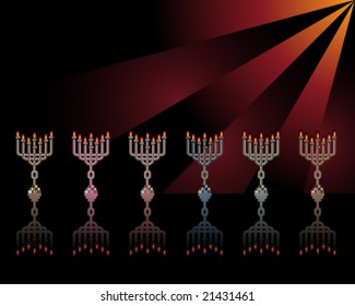 VECTOR Set of colourful stylized geometric Menorahs.