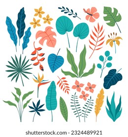 Conjunto vectorial de coloridas hojas tropicales y flores de estilo plano. Elementos de diseño floral de bosque lluvioso aislados en fondo blanco.