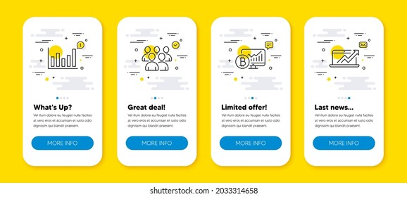 Vector set of Column chart, Group and Bitcoin chart line icons set. UI phone app screens with line icons. Sales diagram icon. Financial graph, Developers, Cryptocurrency statistics. Vector