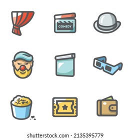 Vector Set of Comedy Cinema Icons. Curtain, Movie Clapper, Bowler, Jester, Screen, 3D Glasses, Popcorn, Ticket, Wallet.