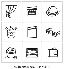 Vector Set Of Comedy Cinema Icons. Curtain, Movie Clapper, Bowler, Jester, Screen, 3D Glasses, Popcorn, Ticket, Wallet. Cinema, Humor, Props, Actor, Showing, Technology, Food, Skip, Payment