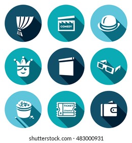 Vector Set of Comedy Cinema Icons. Curtain, Movie Clapper, Bowler, Jester, Screen, 3D Glasses, Popcorn, Ticket, Wallet.