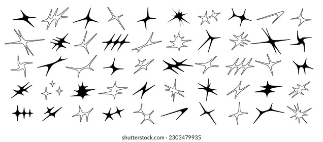 Vector set of comet and star shapes. Y2k shapes of shine, sun, sunbeams, flare and glares in a modern brutalist style.