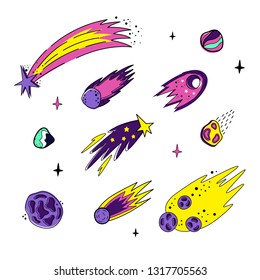 Vector set with comets, meteorites and stars. Doodle style. Colored isolates.