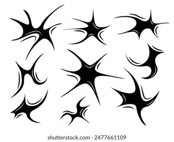 Vector set of comic book elements of different shapes. Black symbols, stars, cobwebs isolated on a white background.