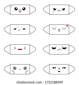 Vector - Set Comic Cartoon der medizinischen Gesichtsmaske mit süßen anderen Emotionen. Traurig oder glücklich. Kann für Logo verwendet werden, dekorieren Sie jede Broschüre, Banner oder Web. Zeichnen von Doodle-Stil. Konzept der Gesundheitsversorgung.