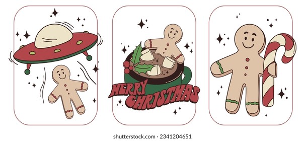 Vector set of comic christmas retro illustrations gingerbread man