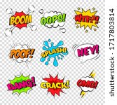 Vector set of comic sound effects. Cartoon speech bubble with phrase Boom, Splash, WTF, Poof, Bang, Oops, Crack, OMG, Hey.