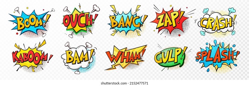 Vector set of comic sound effects, pop art message speech bubbles different shapes and emotions with word. Comics fun book balloon. Cartoon explosion cloud dialog on white background. svg