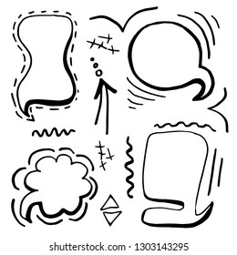 Vector set of comic speech bubbles in Doodle style on white isolated background. Hand drawn speech bubbles set. A great set of blank pop art style image template. Dialogue blank comic clouds, field, s