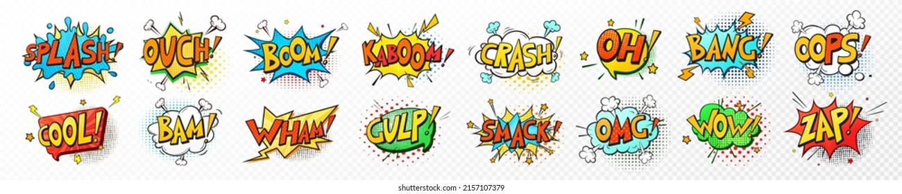 Vector set comic speech bubbles, book sound effects. Pop art messages different shapes, emotions. Comics font label tag expression, fun book balloon. Cartoon explosion cloud phrase on white background svg