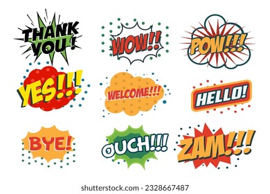 Vector set of comic speech bubbles in trendy pop art style. Hand drawn set of speech bubbles with phrases Yes, Hello, Thank you, Welcome, Wow, Bye, Zam, Ouch. Design elements in vector.