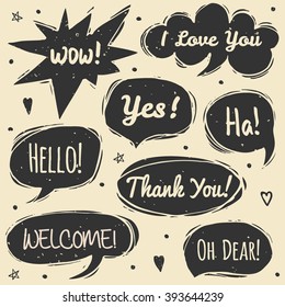 Vector set of comic speech bubbles in trendy flat style. Hand drawn set of speech bubbles. Comic quotes balloons with text.
