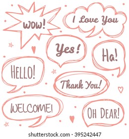 Vector set of comic speech bubbles in trendy flat style. Hand drawn set of speech bubbles. Comic quotes balloons with text.