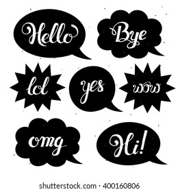 Vector set of comic speech bubbles in trendy flat style. Hand drawn set of speech bubbles with phrases Hi, Hello, Thank you, Yes, Wow, Bye.Cute Internet Slang Wording Vector Design Illustration