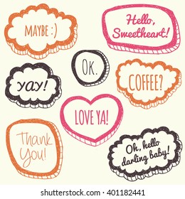 Vector set of comic speech bubbles in trendy flat style. Hand drawn set of speech bubbles. Comic quotes balloons with text.