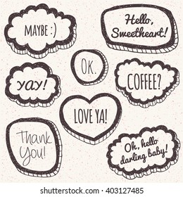 Vector set of comic speech bubbles in trendy flat style. Hand drawn set of speech bubbles. Comic quotes balloons with text.