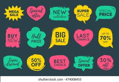 Vector set of comic speech bubbles Sale stickers. Discount card collection: Buy Now, Special Offer, 30%, 50%, 70% Off, Best Choice, Last Chance etc. Illustrations of labels and logos.