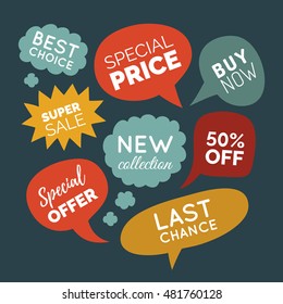 Vector set of comic speech bubbles with sale phrases.  Discount card collection: Last Chance, Special Offer, 50% Off, Best Choice etc. Illustrations of labels and logos.