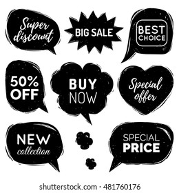 Vector set of comic speech bubbles with sale phrases. Discount card collection: Buy Now, Special Offer, 50% Off, Best Choice etc. Illustrations of labels and logos.