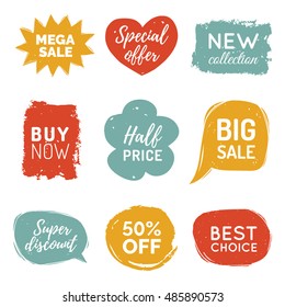 Vector set of comic speech bubbles with sale phrases. Discount card collection of Buy Now, Special Offer, 50% Off, Best Choice, New Collection etc. Hand drawn illustrations of labels and logos.