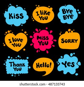 Vector set of comic speech bubbles. Hand drawn collection of speech balloons. Bright colorful dialog clouds. Vector flat illustration.