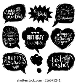 Vector set of comic speech bubbles with Happy Birthday inscription: You Are invited, Best Wishes,Big Party. Calligraphy set for greeting cards, posters etc.