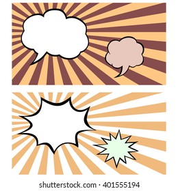 Vector set of comics bubbles on sunburst backgrounds