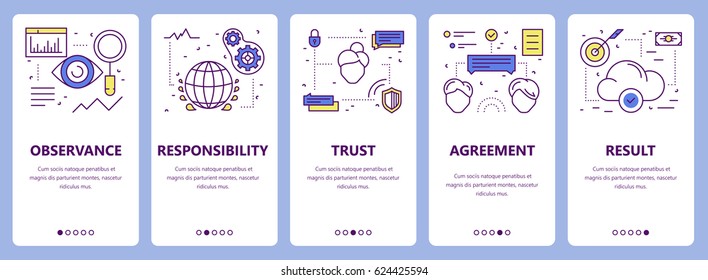 Vector set of commitment concept vertical banners. Observance, responsibility, trust, agreement and result concept elements. Thin line flat design symbols, icons for website menu, print.