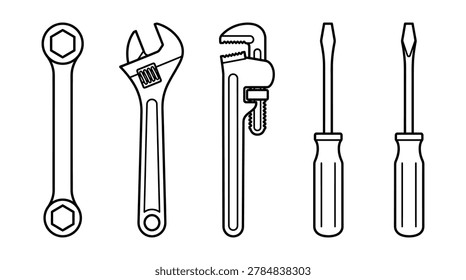 Vector set of common hand tools icons: box-end wrench adjustable wrench pipe