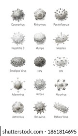 Vector set of common viruses. Microbiology, models of pathogens. Vector illustration in cartoon style, isolated objects, grayscale.