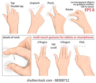 Vector set of commonly used multi-touch gestures for tablets or smartphone. no mesh.