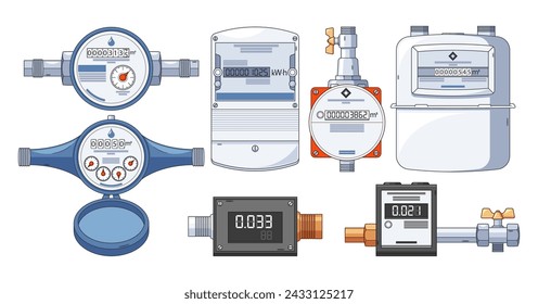 Vector Set Communal Services Meters Measure Collective Consumption Of Utilities Like Water, Gas, Or Electricity