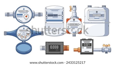 Vector Set Communal Services Meters Measure Collective Consumption Of Utilities Like Water, Gas, Or Electricity