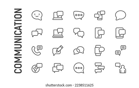 Vector set of communication thin line icons. Design of 20 stroke pictograms. Signs of communication isolated on a white background.